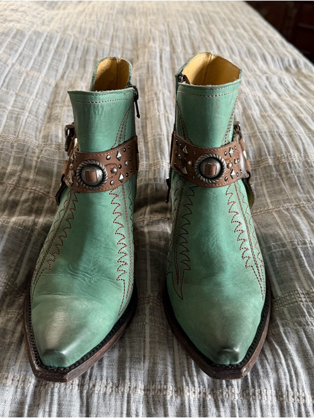 Old Gringo Mint Green Leather Ankle Boots with Brown Studded Strap